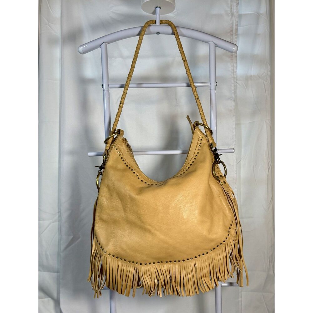 Frye Sand Leather Fringe Hobo Bag Braided Strap Studded Boho Y2K